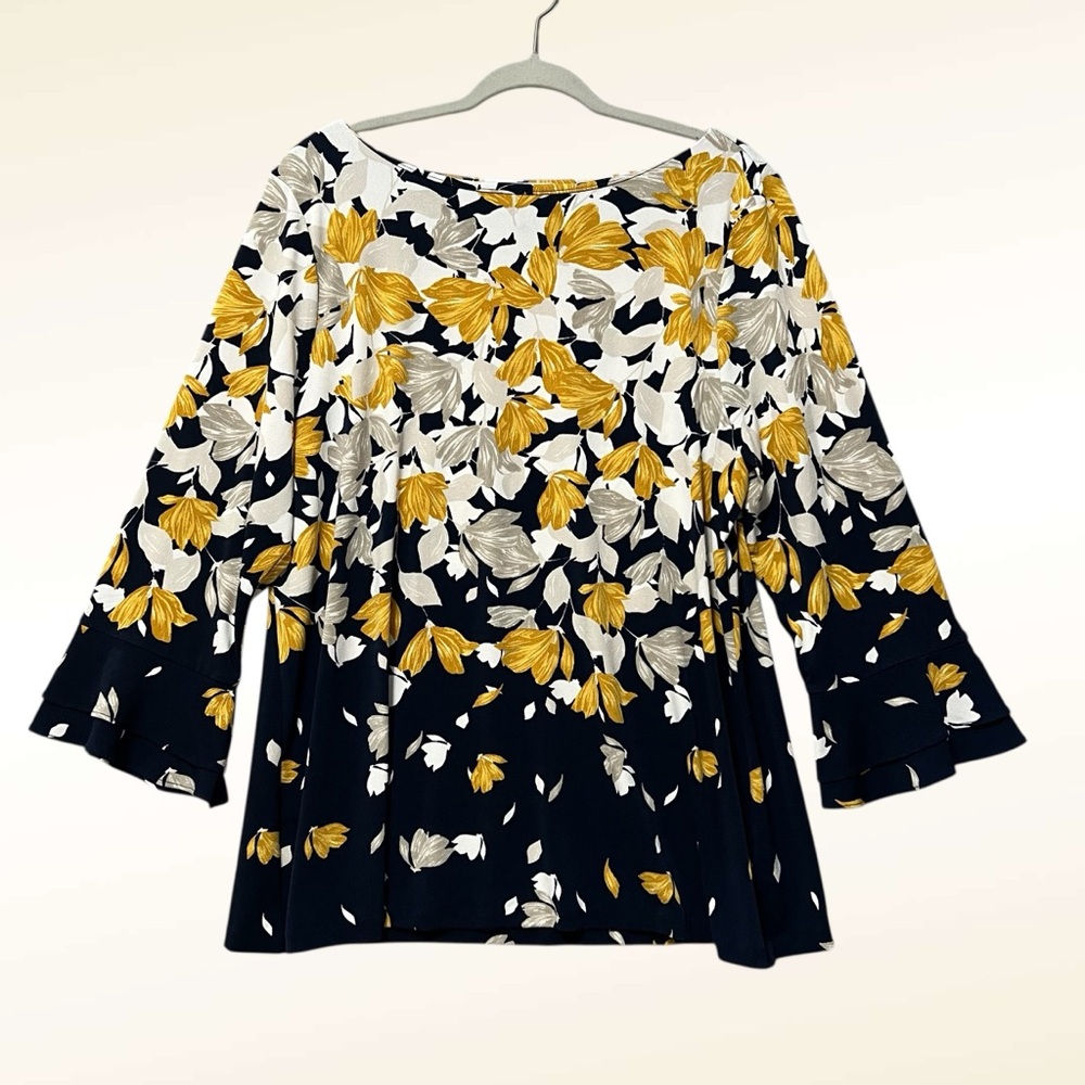 Charter Club Womens Floral Blouse Size XXL Boat Neck Bell Sleeve Navy Yellow